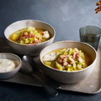 Savoy cabbage, potato, bacon and caraway soup