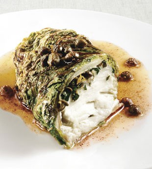 Savoy cabbage rolls with halibut, browned butter, and capers