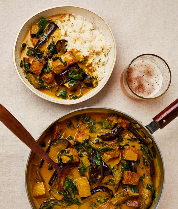 Sayur lemak with tempeh, spinach and aubergine