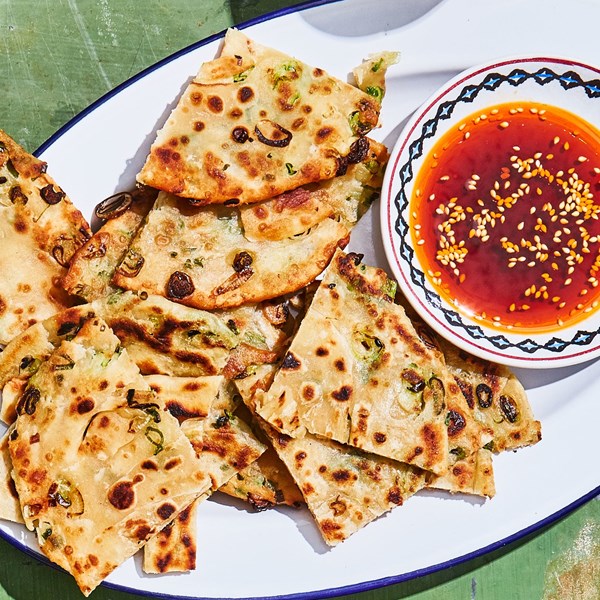 Scallion pancakes with black vinegar dipping sauce