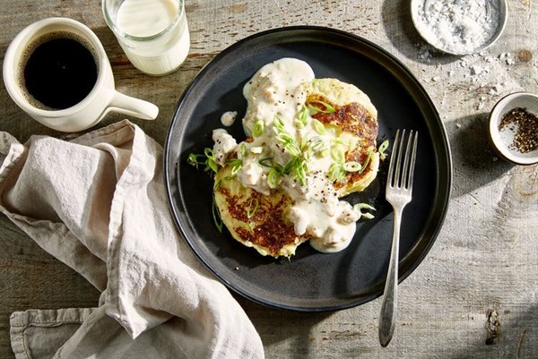 Scallion potato cakes with sausage gravy 