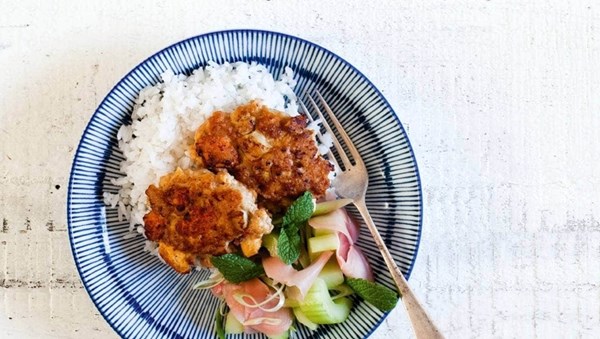 Scallop and pork cakes with pickled cucumber salad