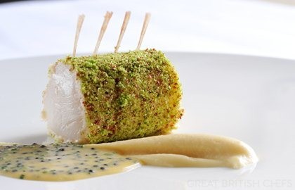 Scallop and prawn roulade with caviar and a cauliflower purée