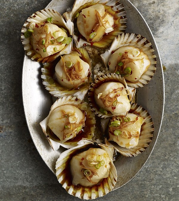 Scallop in its shell [or spoon] with jamón Ibérico fat and soy-sherry-ginger vinaigrette (Vieria con soja, vinagre de Jerez, velo de grasa ibérica, genjibre)