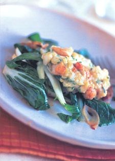 Scallop pancakes with Chinese greens