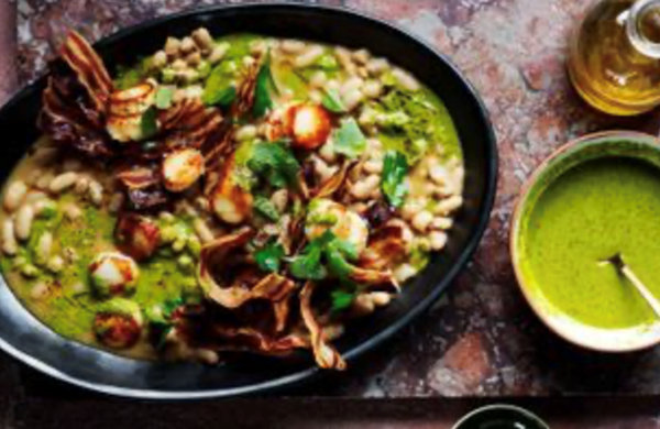 Scallop, pancetta and beans with salmoriglio