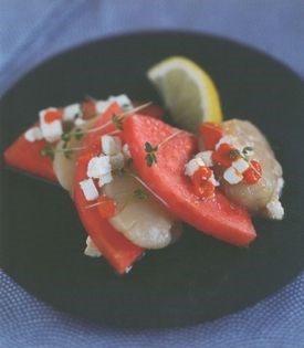 Scallop sashimi with watermelon and feta dressing