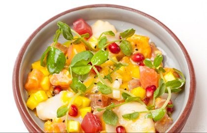 Scallop, tuna and salmon ceviche with mango