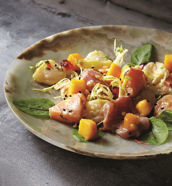 Scallop, tuna and salmon ceviche with mango