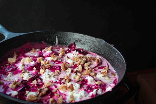 Scalloped beets with chèvre, rosemary, and walnuts