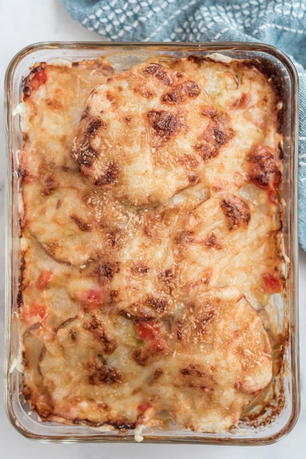 Scalloped potatoes with peppers & Swiss cheese