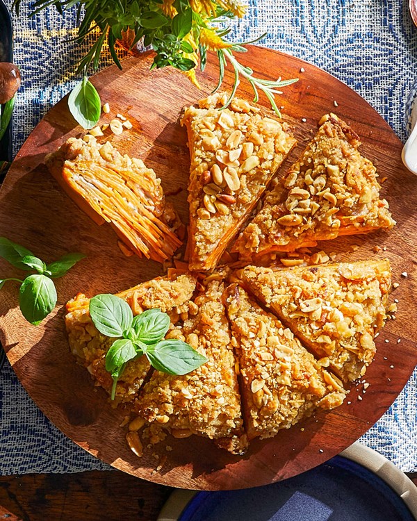 Scalloped sweet potatoes with peanut streusel