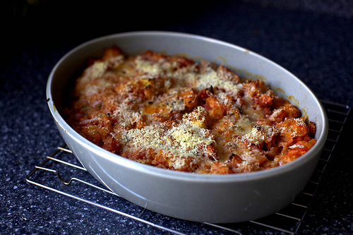 Scalloped tomatoes with croutons