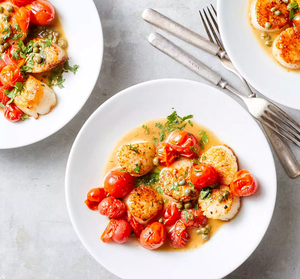 Scallops & cherry tomatoes with caper-butter sauce