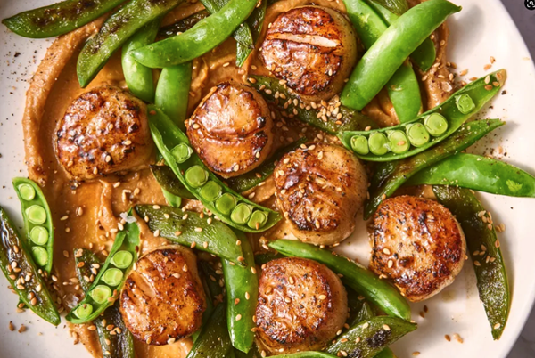Scallops & sugar snap peas with miso mustard