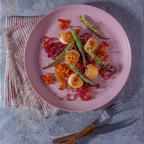 Scallops and grilled okra