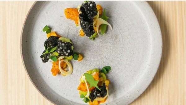 Scallops and prawn pakora with almond and coriander