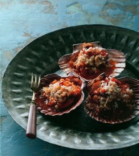 Scallops baked in their shells with white wine & breadcrumbs
