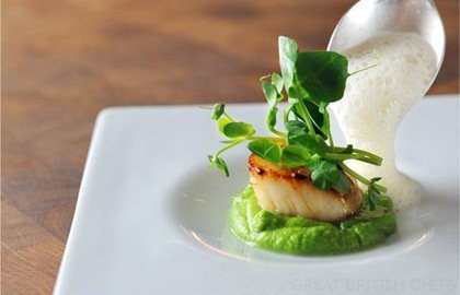 Scallops, pea purée, shoots and cumin foam