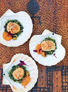 Scallops with black quinoa tabbouleh & candied kumquats