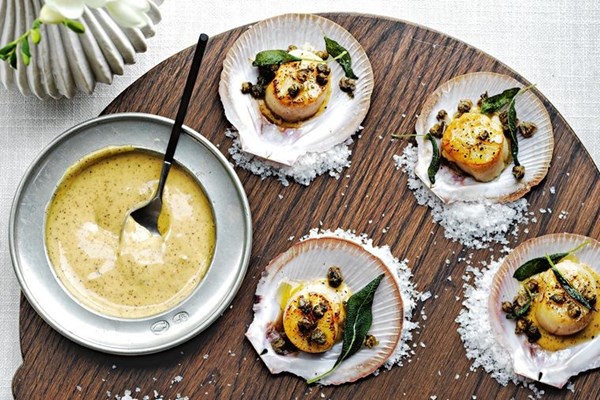 Scallops with Champagne sage butter and capers