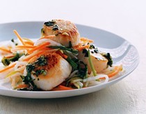 Scallops with cilantro sauce and Asian slaw