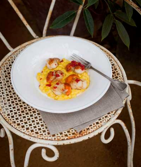 Scallops with corn puree and chile oil