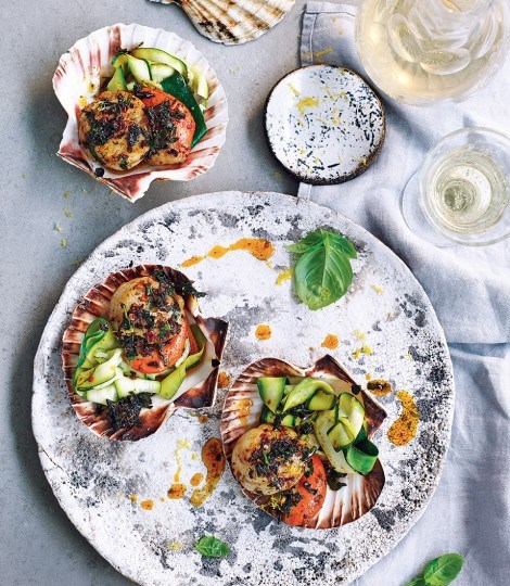 Scallops with lemon, basil & chilli brown butter and fried courgette ribbons