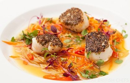 Scallops with seaweed and miso kombu broth