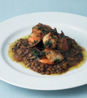 Scallops with spiced ginger lentils