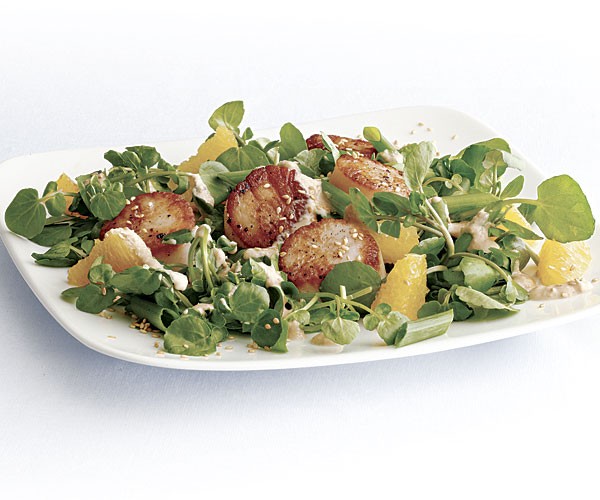Scallops with watercress, orange, and miso vinaigrette