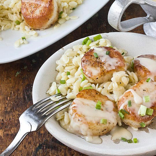 Scallops with white wine beurre blanc & lemon orzo