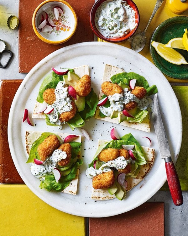 Scampi taco wedges with jalapeño tartare sauce & avocado 