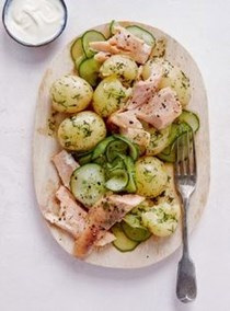 Scandi hot-smoked trout with dill-buttered Jersey Royal potatoes and quick-pickled cucumber