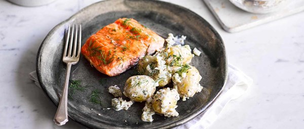 Scandi-style salmon with pickle potato salad