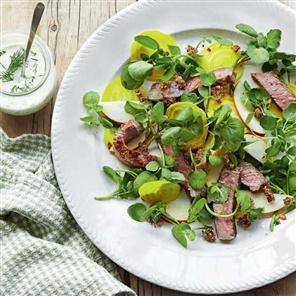 Scandi-style steak salad with buttermilk dressing and rye crumbs