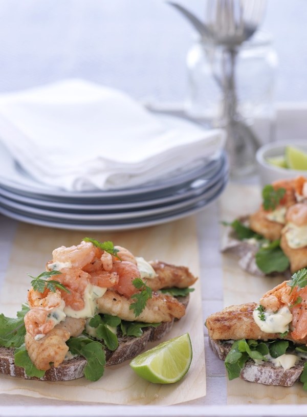 Scandinavian fish and prawn sandwiches with mustard sauce