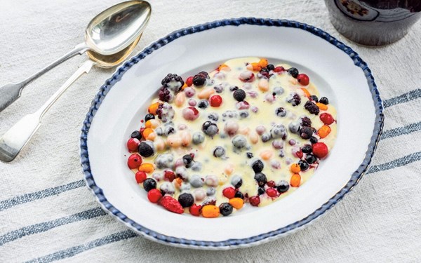 Scandinavian iced berries with hot white chocolate sauce