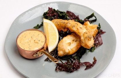 Scarborough woof and seaweed fritters with brown crab mayonnaise