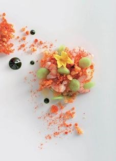 Scarlet prawns with shellfish jelly, white cucumber, crème fraîche, tempura batter and matcha tea oil