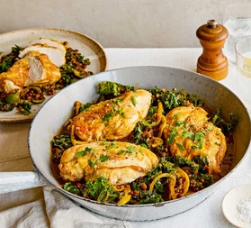 Schmaltzy lentils with chicken, olives & lemon