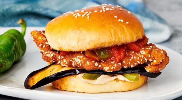 Schnitzel sandwich with fried eggplant & matbucha in a brioche [Brad Mahlof]