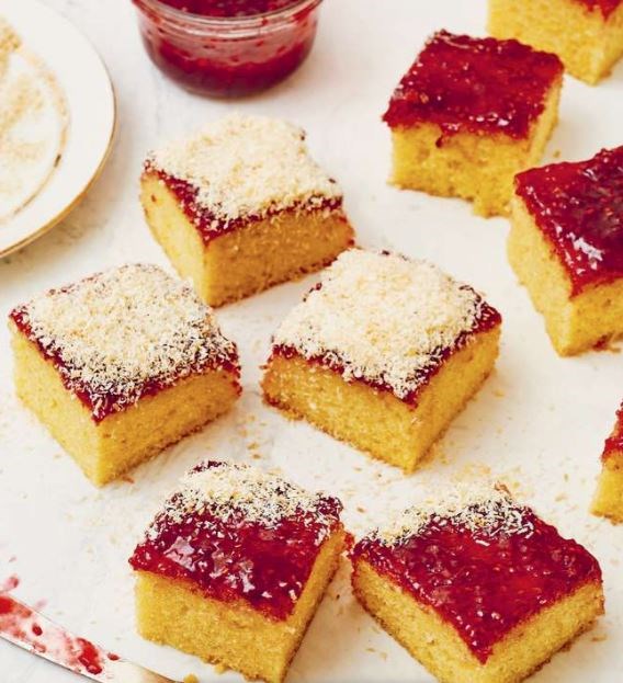 School dinner coconut + jam sponge