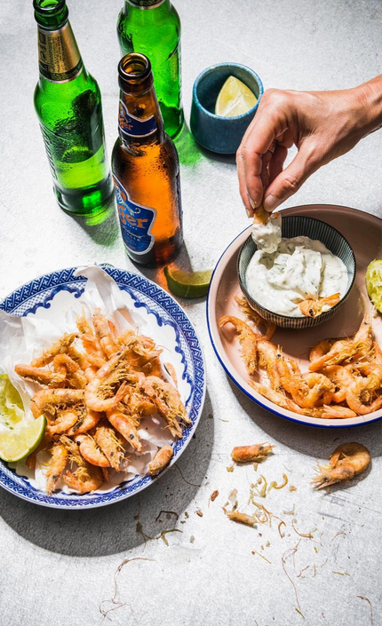 School prawns with lime and coriander mayo