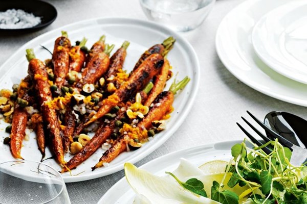 Scorched carrots with hazelnuts and capers