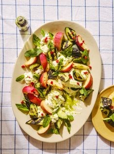Scorched cucumbers with peaches, herbs & DIY burrata