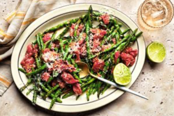 Scorched green beans with roasted tomato vinaigrette and lime