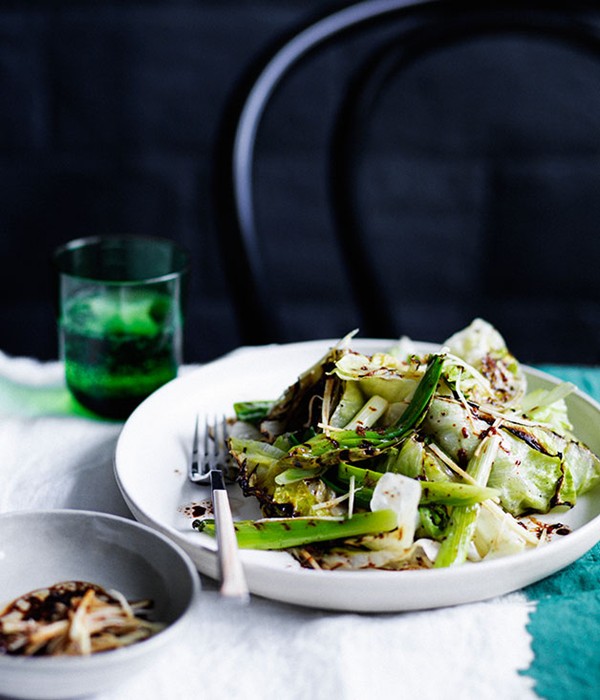 Scorched iceberg lettuce and spring onions with black vinegar and ginger