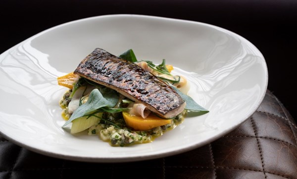Scorched mackerel with smoked eel, beetroot, sweet mustard and sea herbs