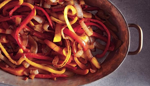 Scorched sweet peppers and onions